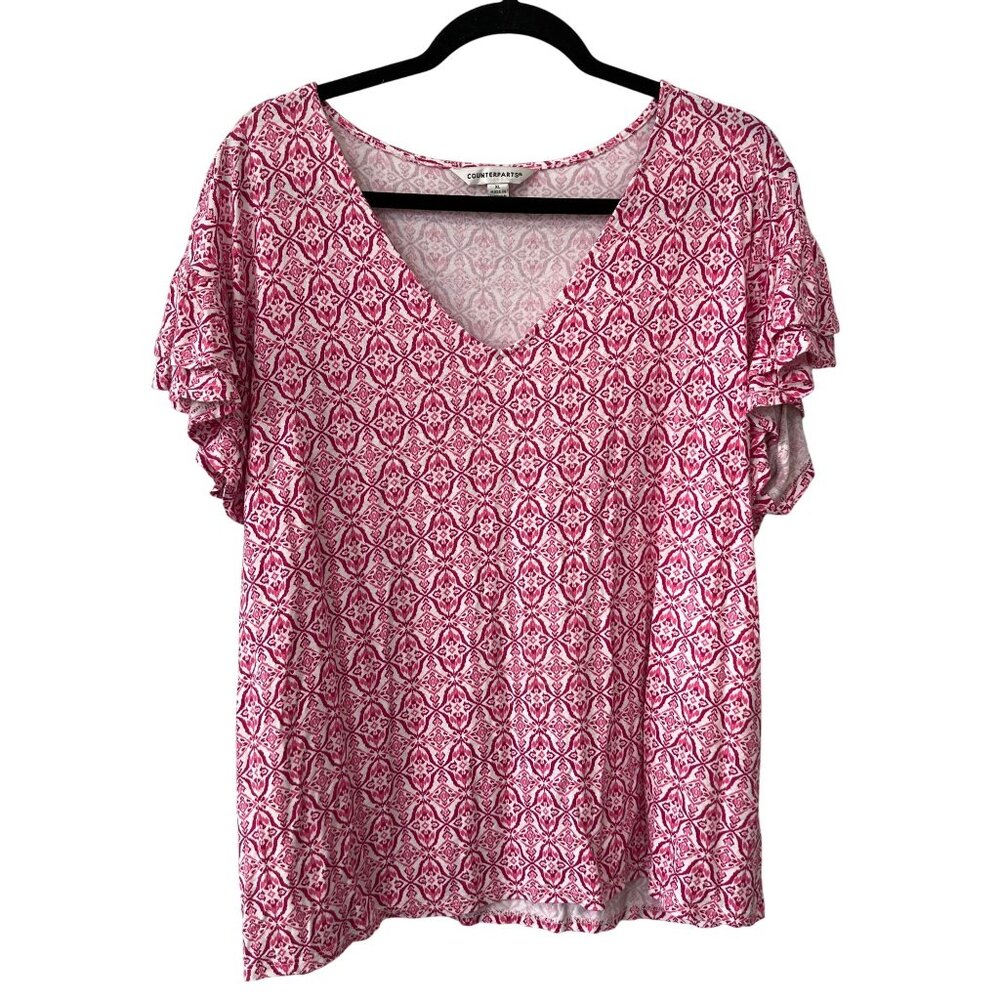 Counterparts Blouse Size XL V Neck Flutter Sleeve Geometric Pink White Bohemian